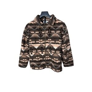 Black Mountain Outdoor Southwestern Fleece Jacket Brown Geometric Zip Womens M